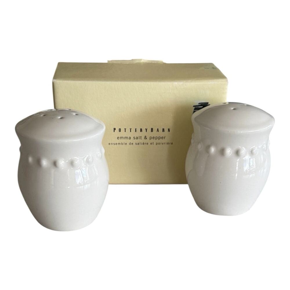 Pottery Barn Emma Off White Salt & Pepper Shakers Set Beaded Edge 3" Ceramic NEW